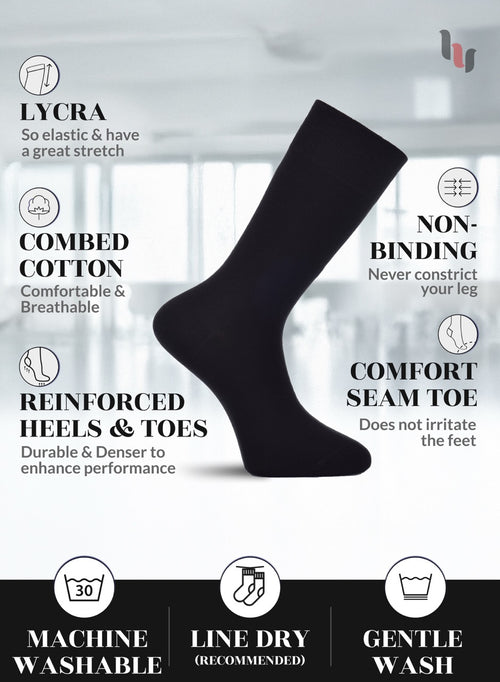 Black sock with features listed on a white background
