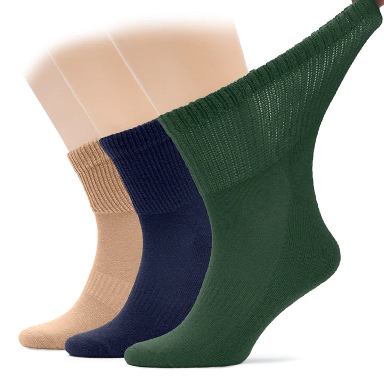 Three pairs of socks in beige, navy blue, and army green on a white background