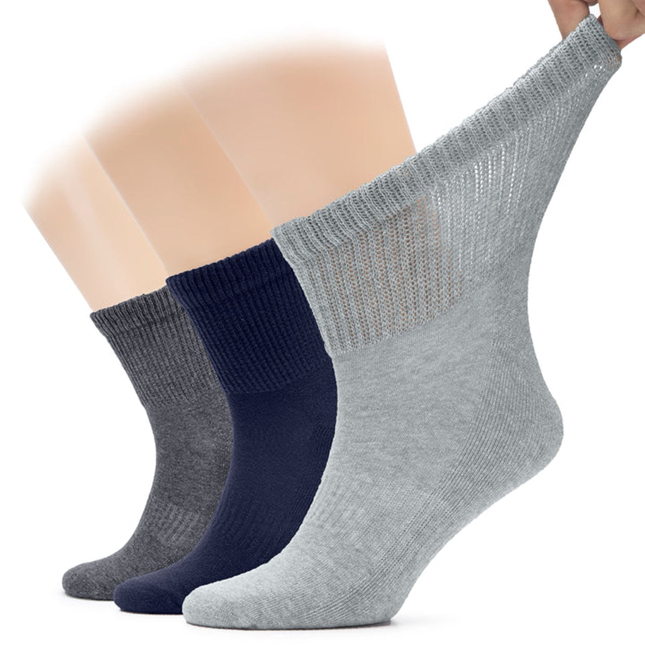 Three pairs of socks in gray, navy, and light gray on a white background