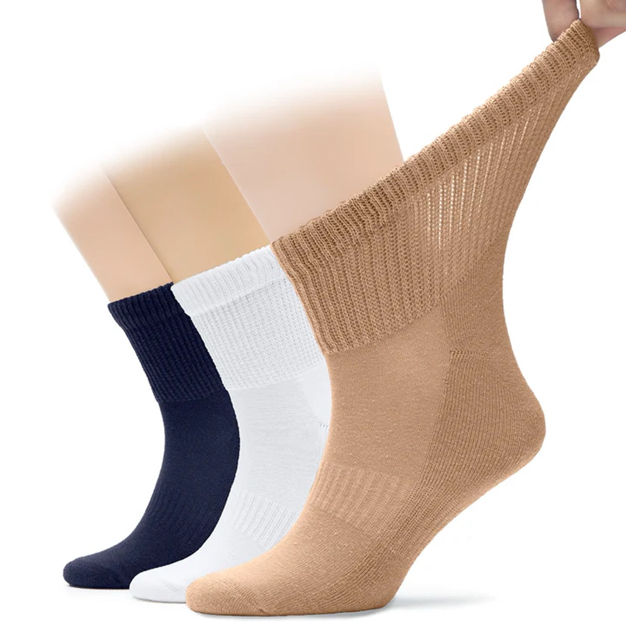 Three pairs of socks in navy blue, white, and beige on a white background