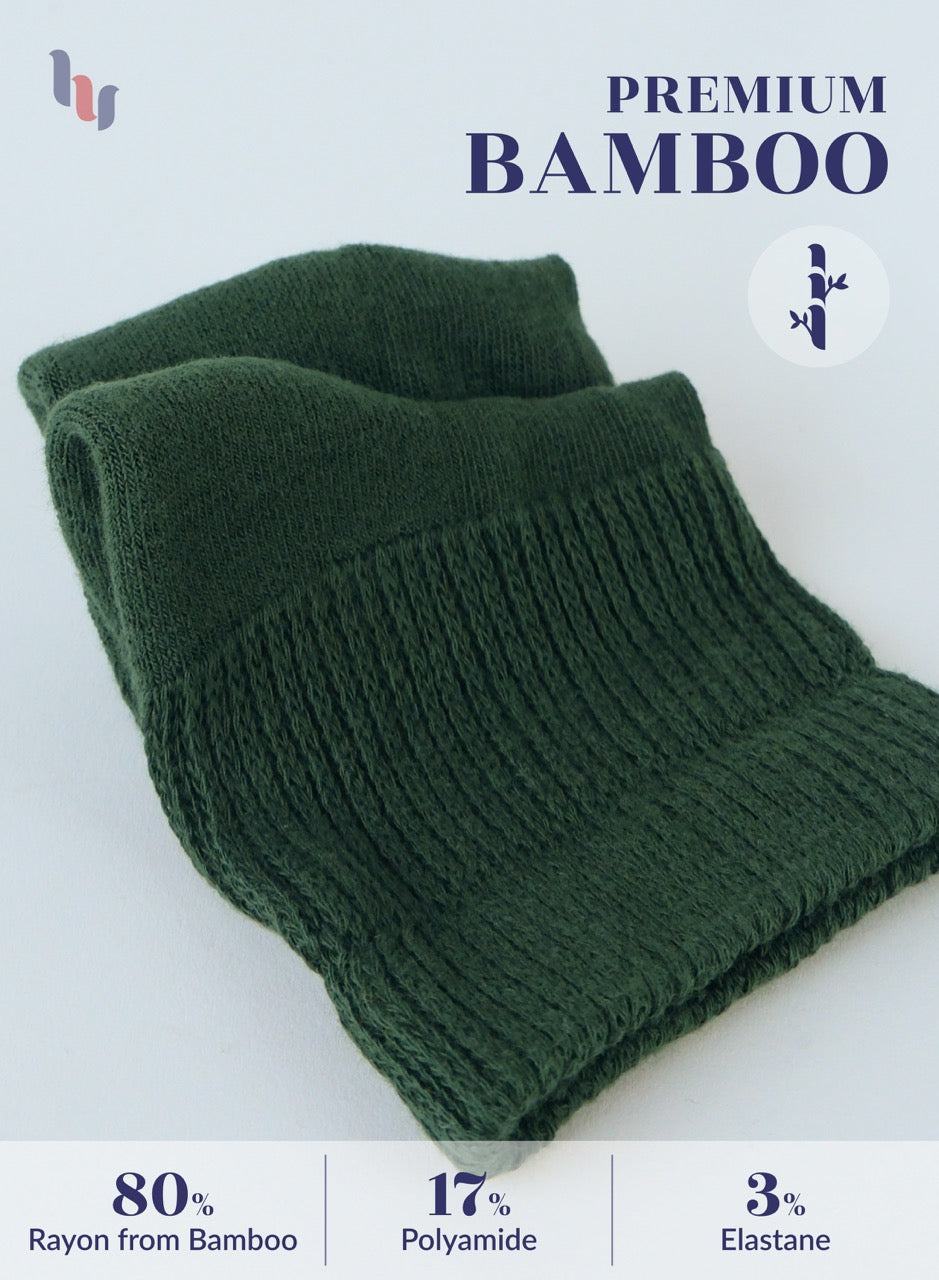 army Green knitted scarf with bamboo text and percentage details on a light background