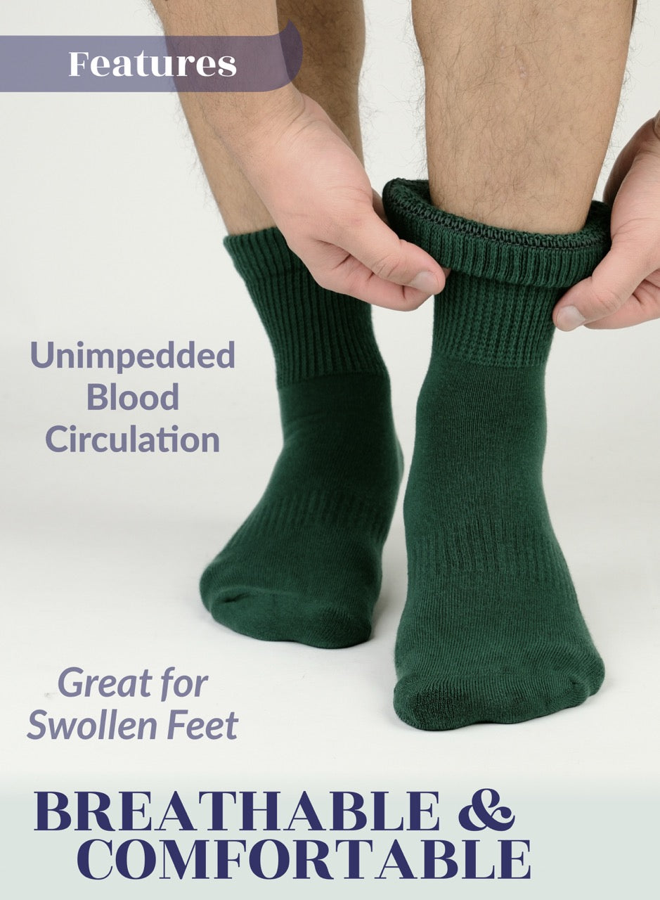 Person wearing army green socks with text highlighting features on a white background