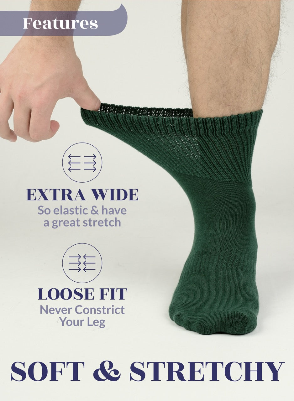 army Green sock being worn with text highlighting features on a white background