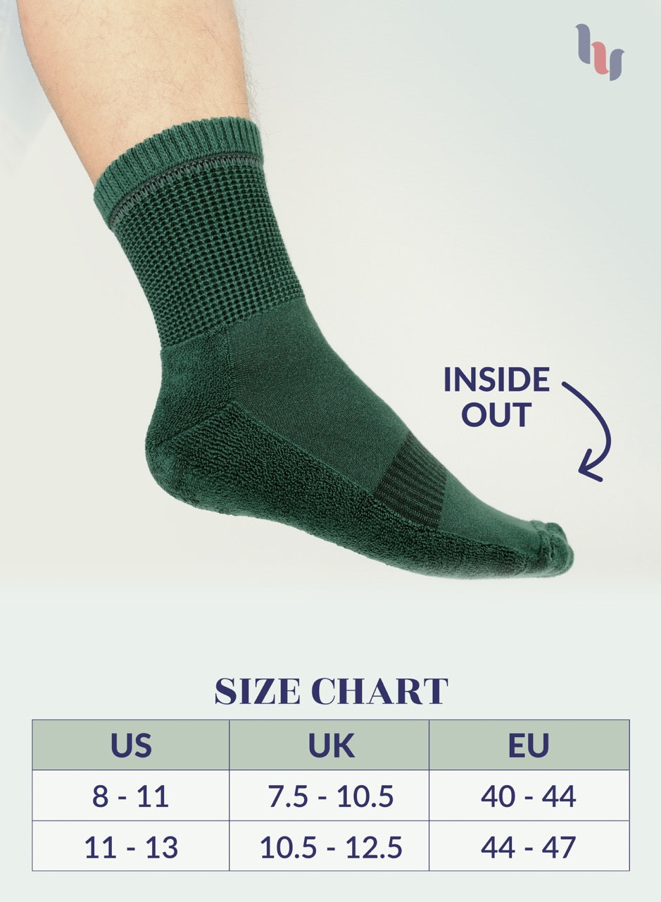 army Green sock with size chart on a light gray background