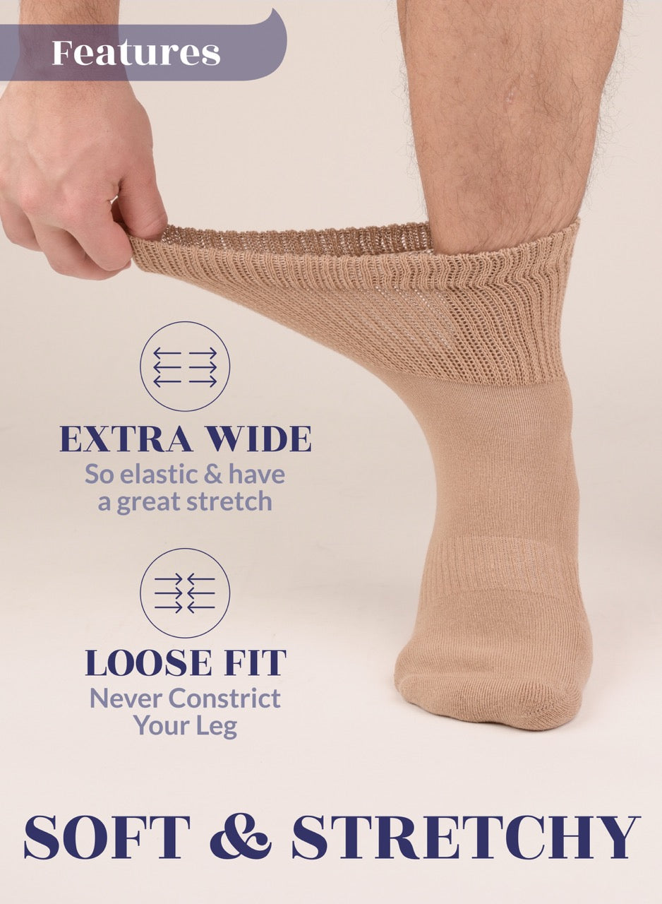 Beige sock being worn with text highlighting features on a beige background