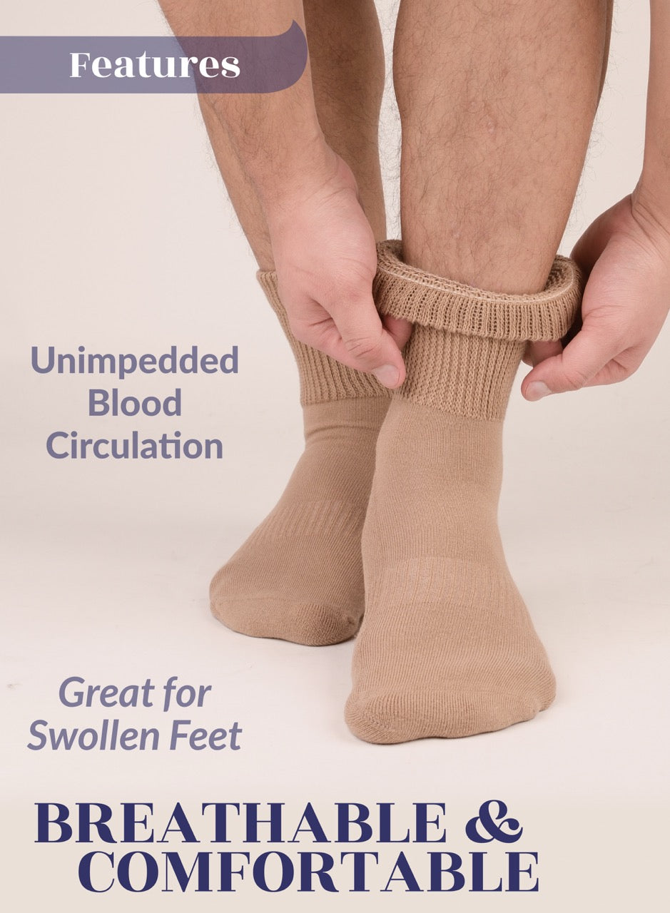 Person wearing beige compression socks with text highlighting features on a white background