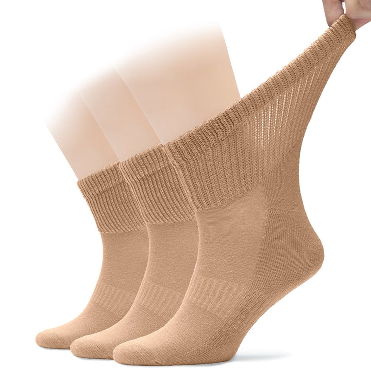 Beige socks being worn on a white background