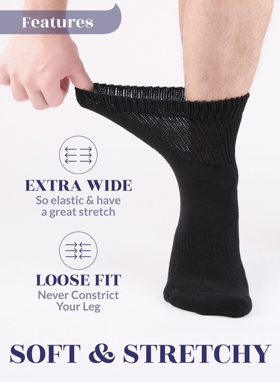 Black sock being worn with text highlighting features on a white background