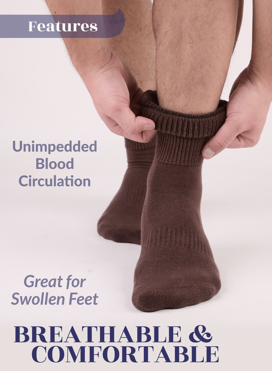 Brown compression socks being worn with text highlighting features on a white background