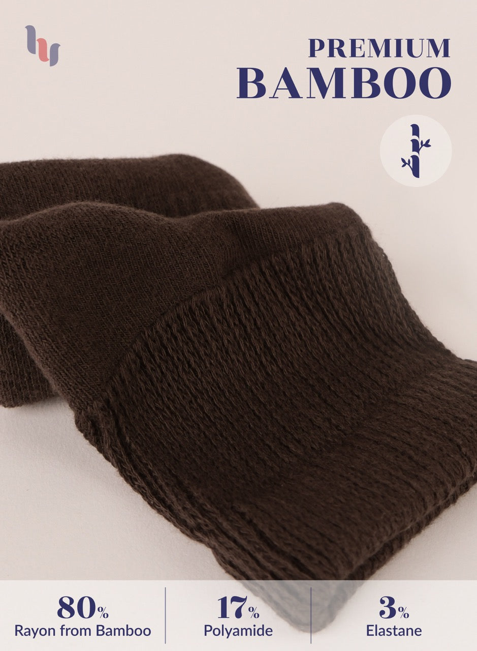 Brown knitted fabric with bamboo text and fiber content details on a light background