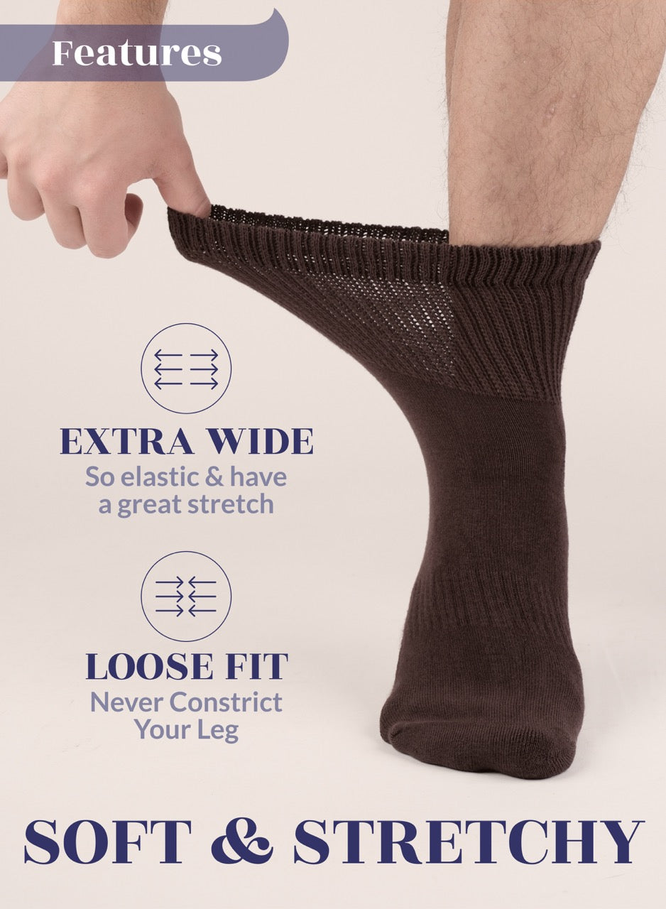 Brown sock being worn with text highlighting features on a light background