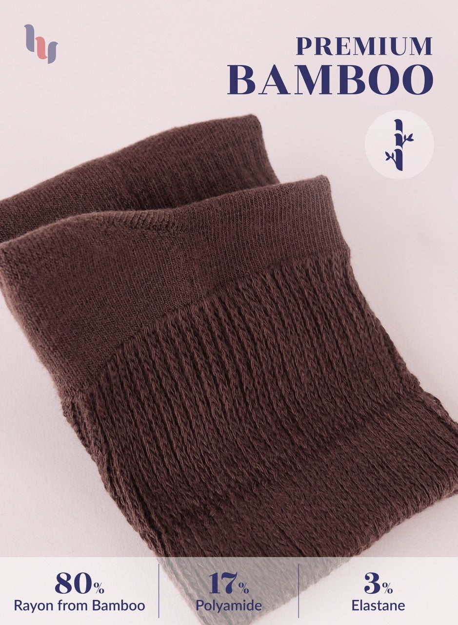 Brown knitted scarf with fringe on a light background, labeled as 'Premium Bamboo'.