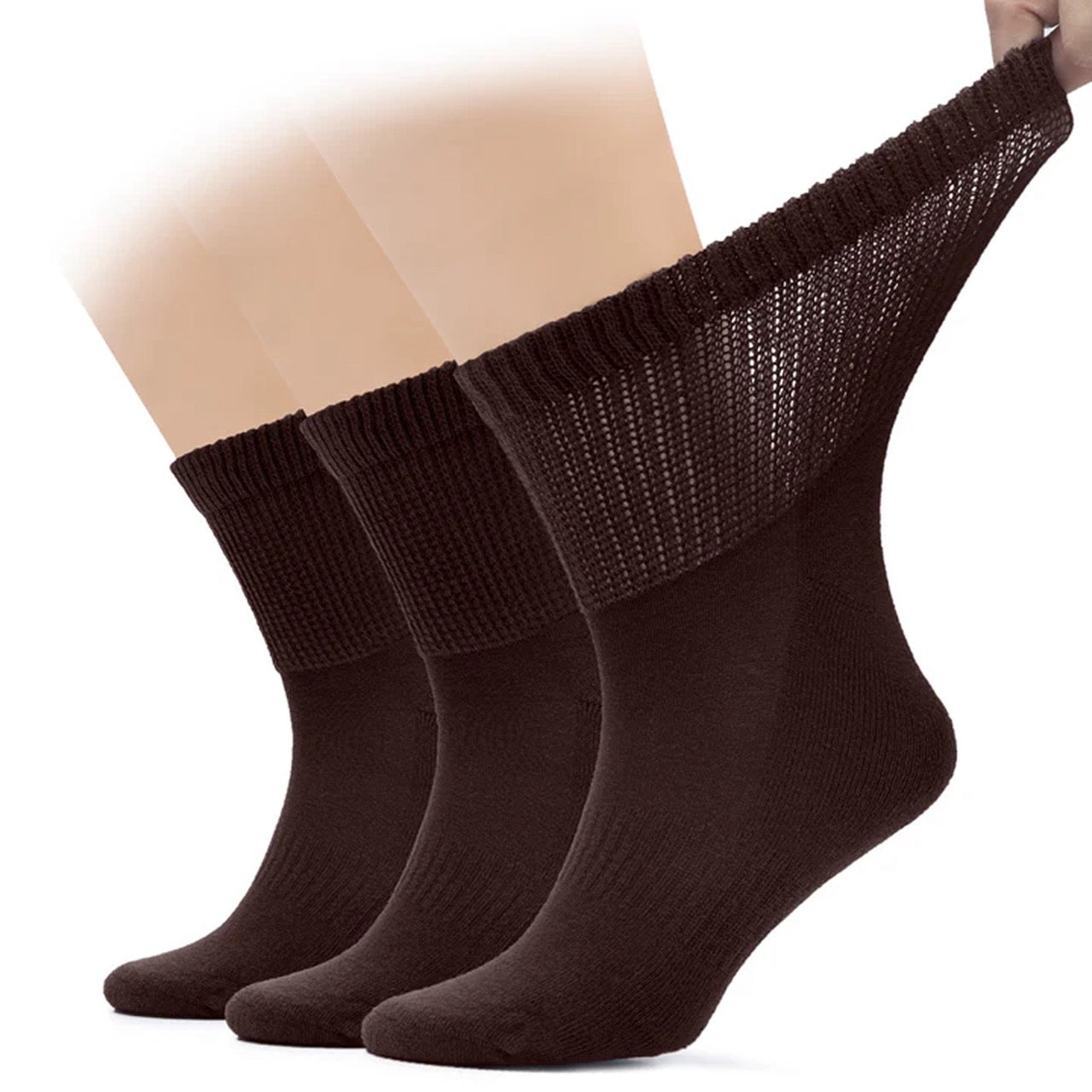 Three pairs of brown socks with a textured top on a white background