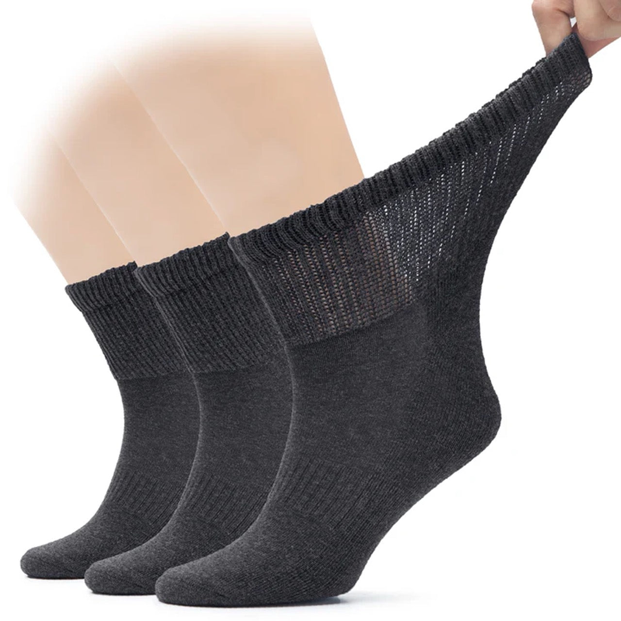 Three pairs of dark gray socks on a white background