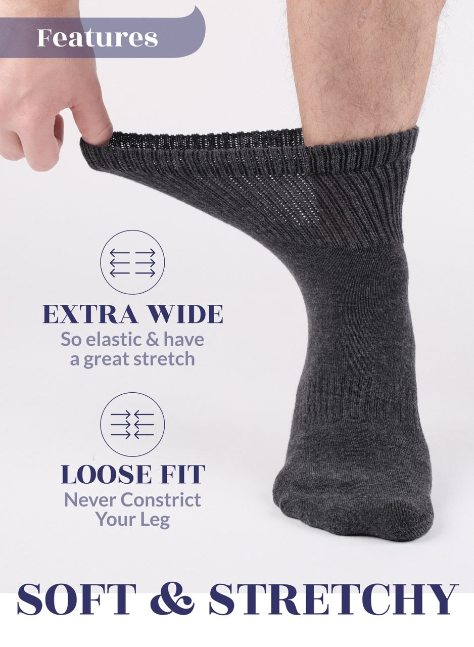 Dark Gray sock being worn with text highlighting features on a white background