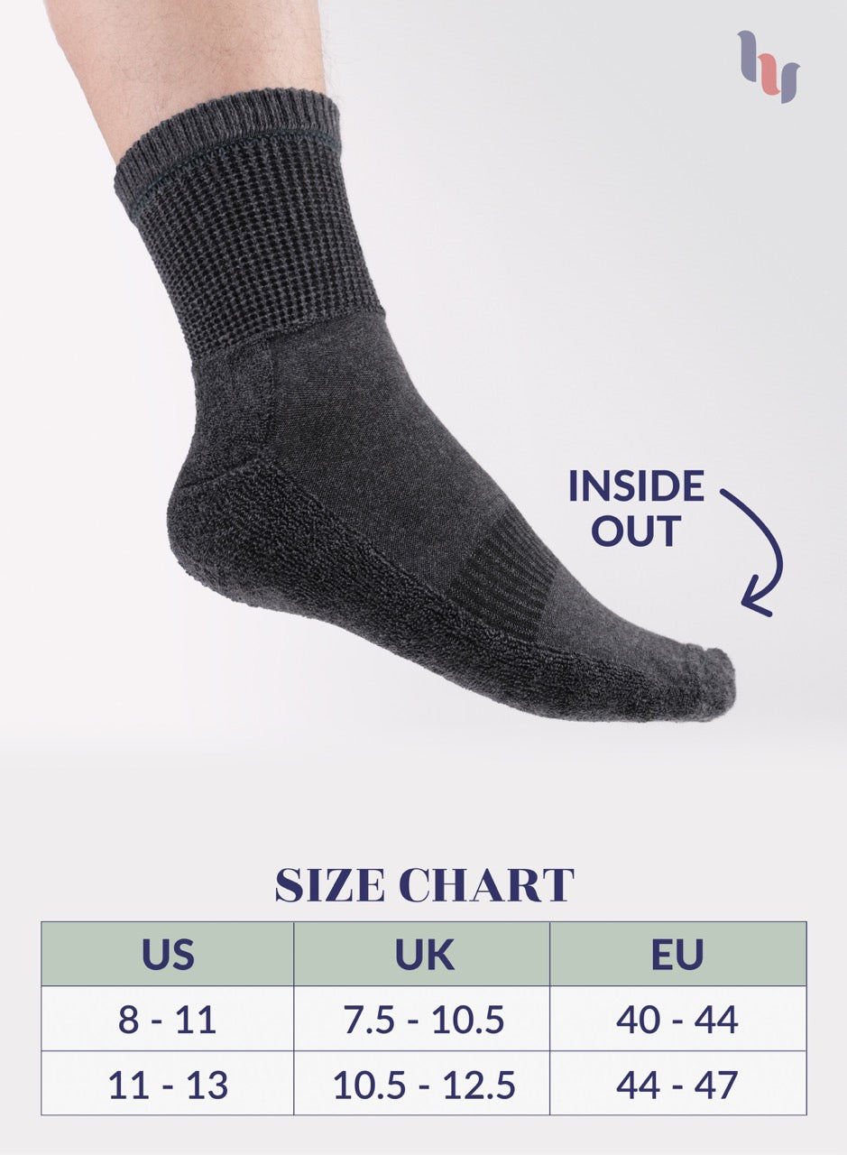 Dark Gray sock on a white background with size chart below