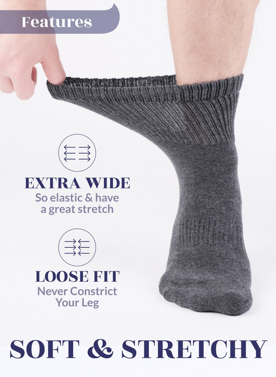 Gray sock being worn with text highlighting features on a white background