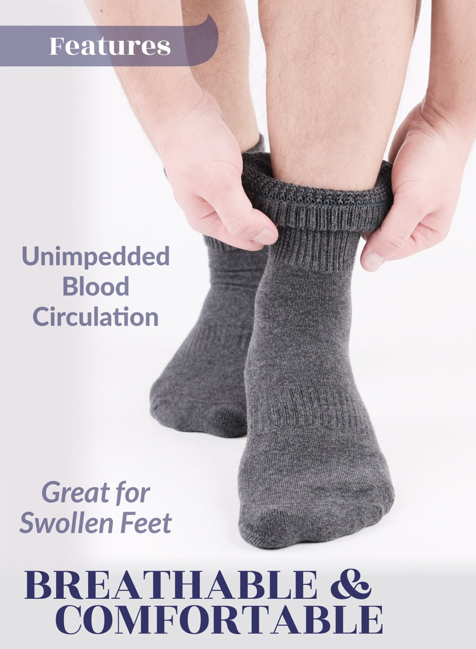 Person wearing gray socks with text highlighting features on a white background