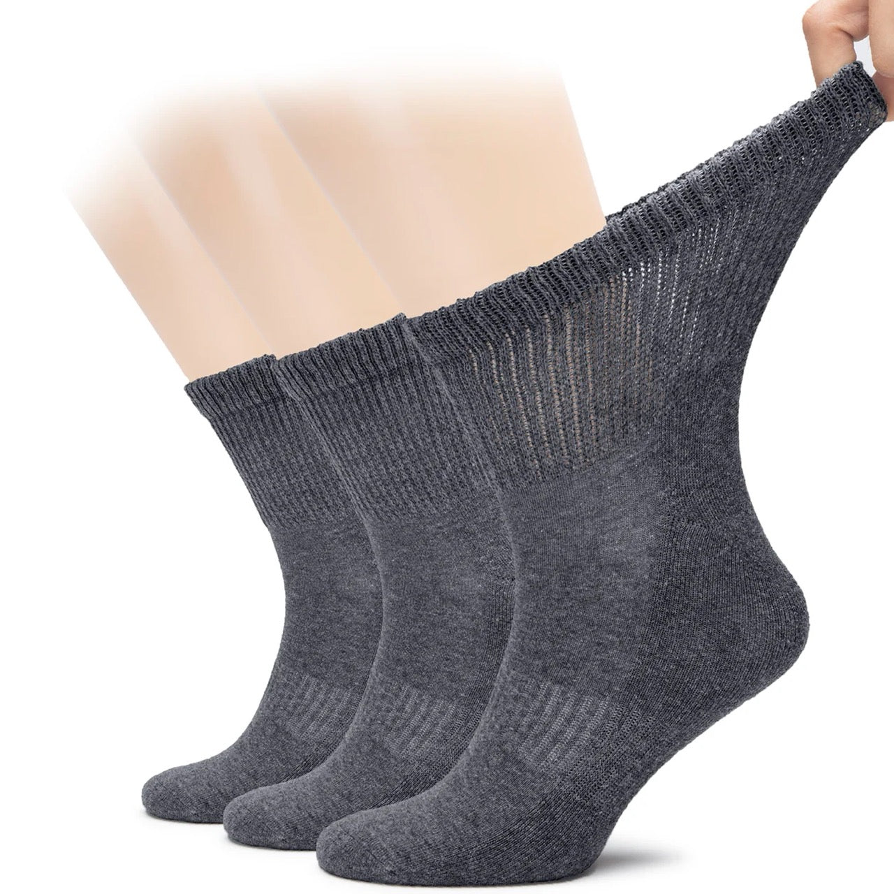 Three pairs of gray socks held together by a hand on a white background