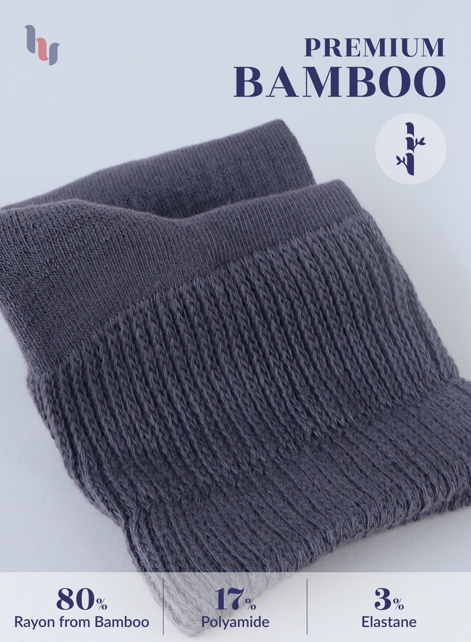 Gray knitted fabric with bamboo text and material composition details on a light gray background