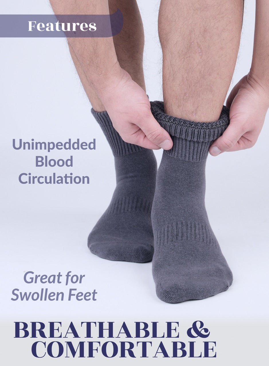 Person wearing gray socks with text highlighting features on a white background