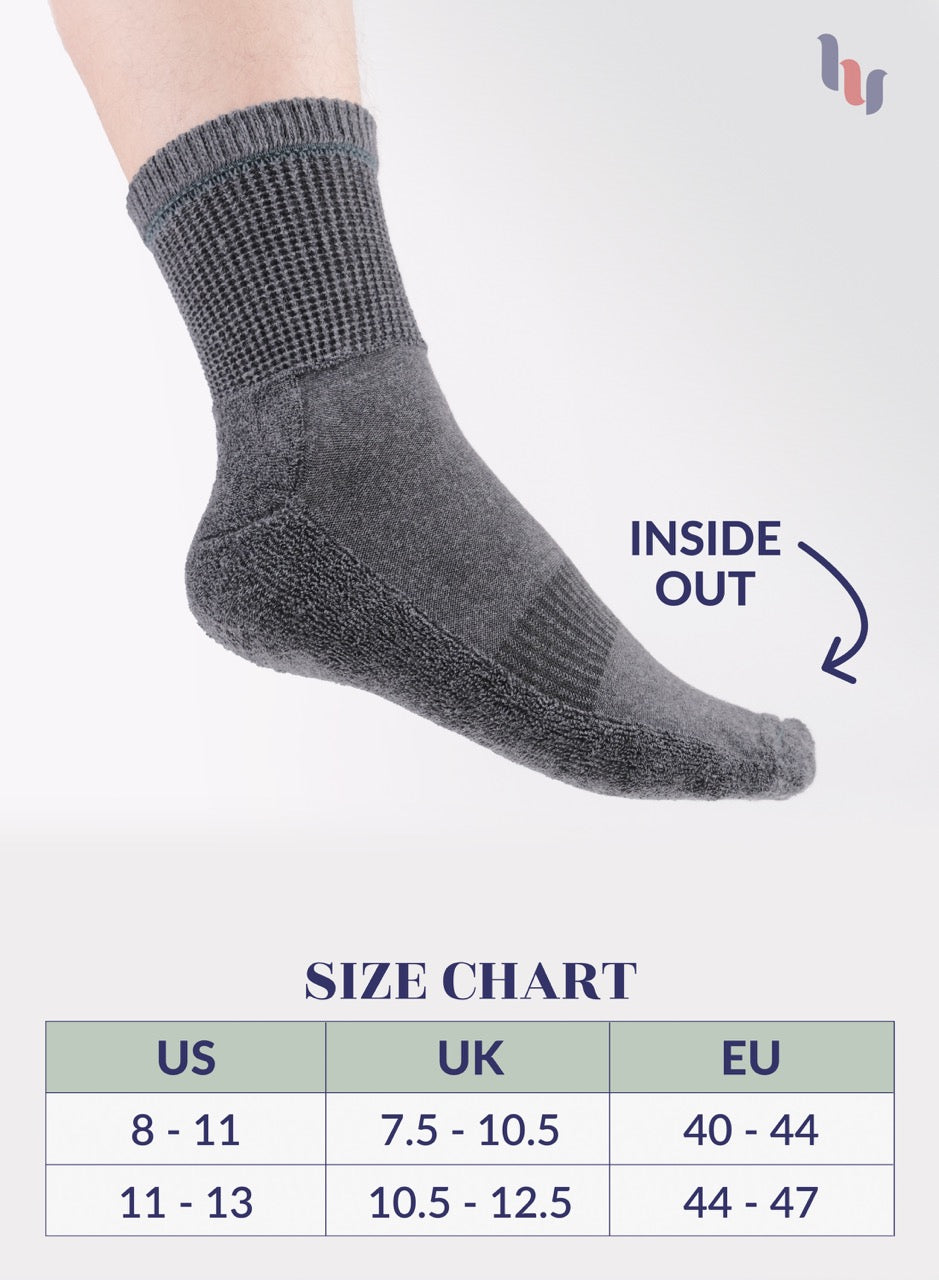 Gray sock with size chart on a white background