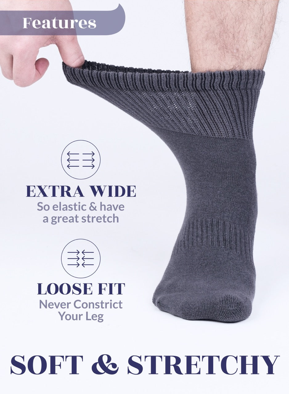 Gray sock being stretched with text highlighting features on a white background