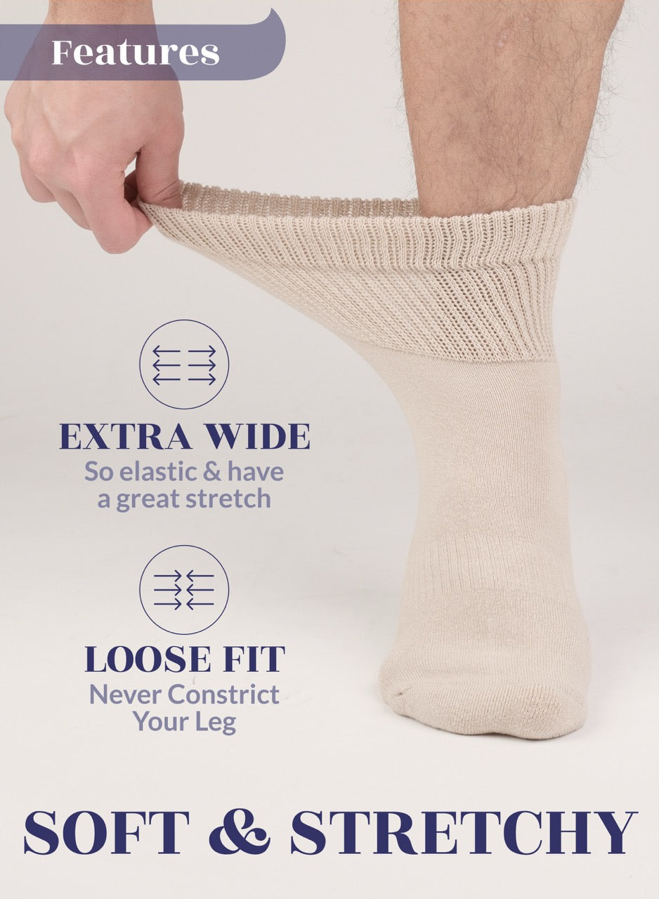 Light Beige sock being worn with text highlighting features on a white background