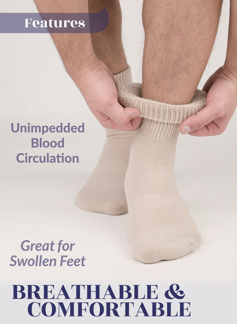 Person putting on a light beige sock with text about sock features on a white background