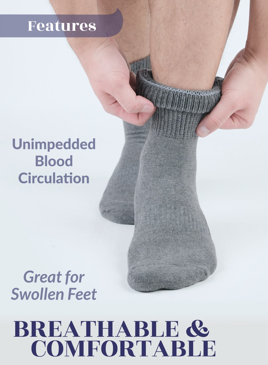 Light Gray socks being worn with text highlighting features on a white background