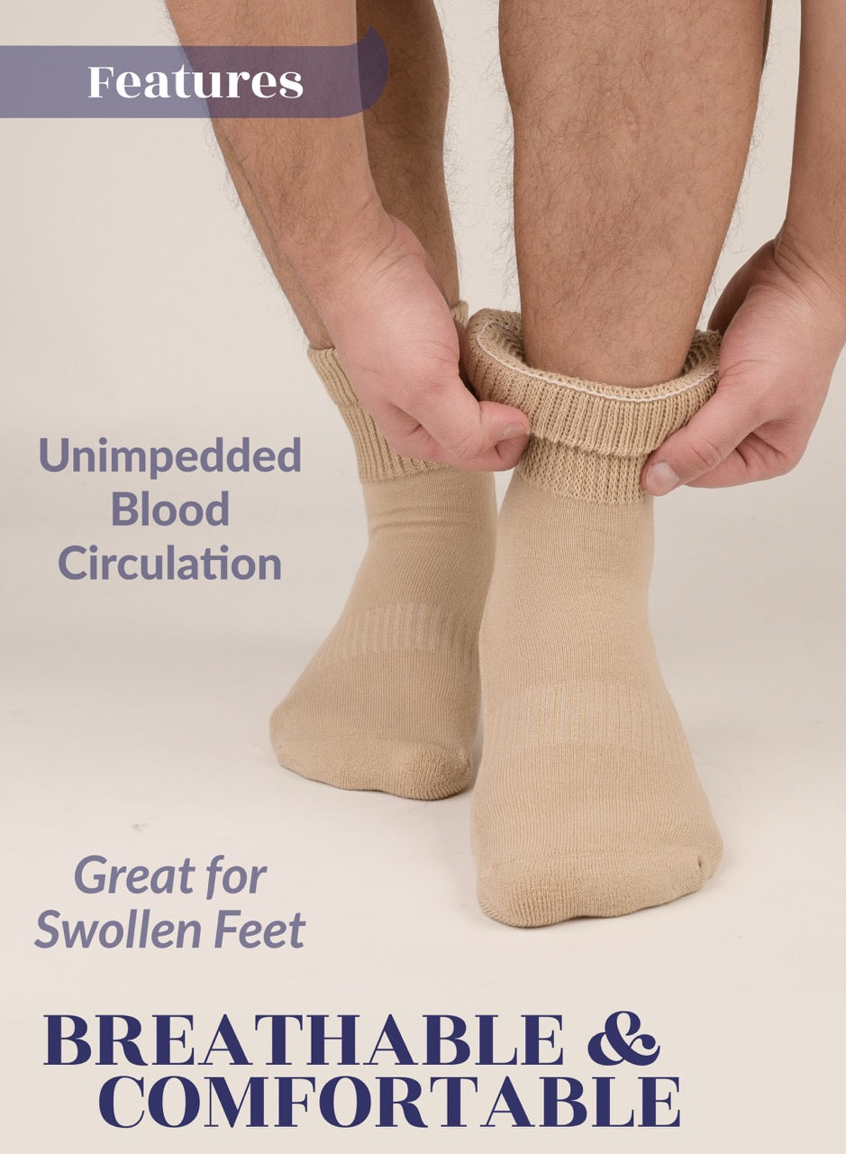 Person wearing medium beige compression socks with text highlighting features on a plain background