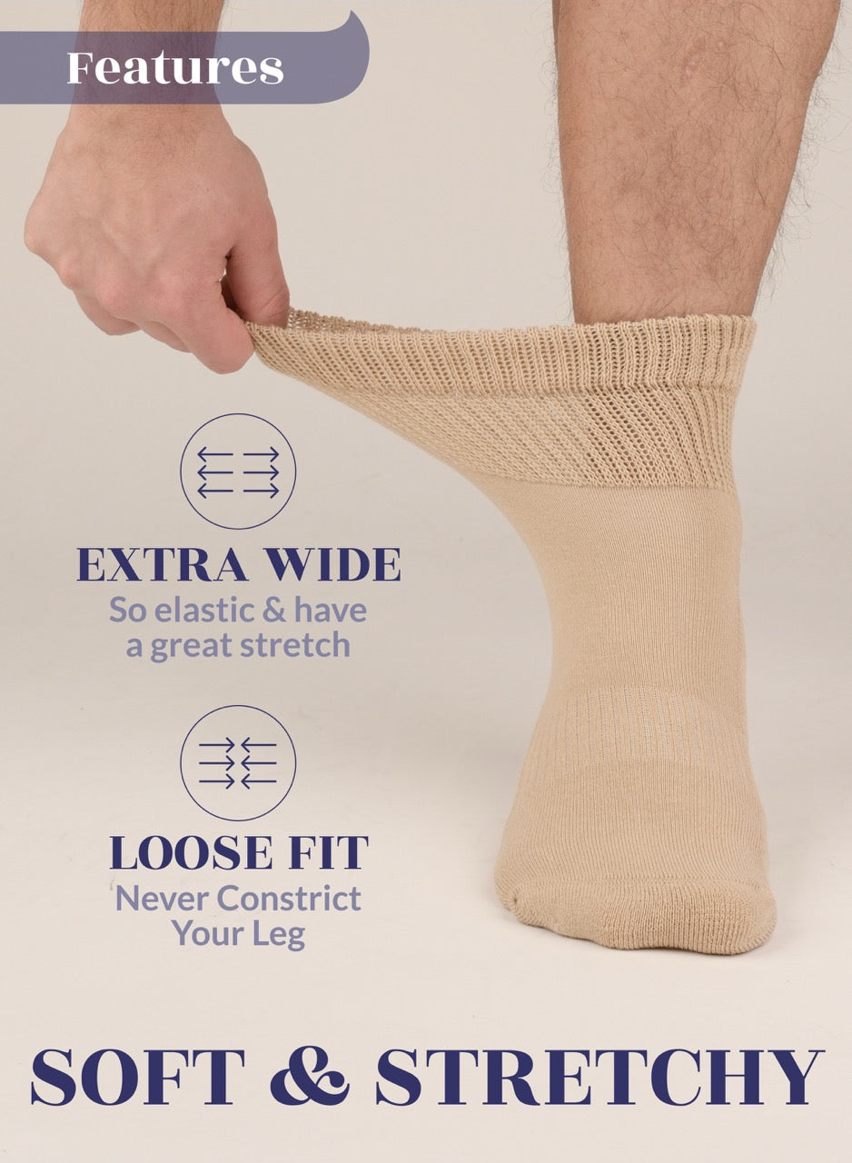 medium Beige sock being stretched with text highlighting features on a beige background