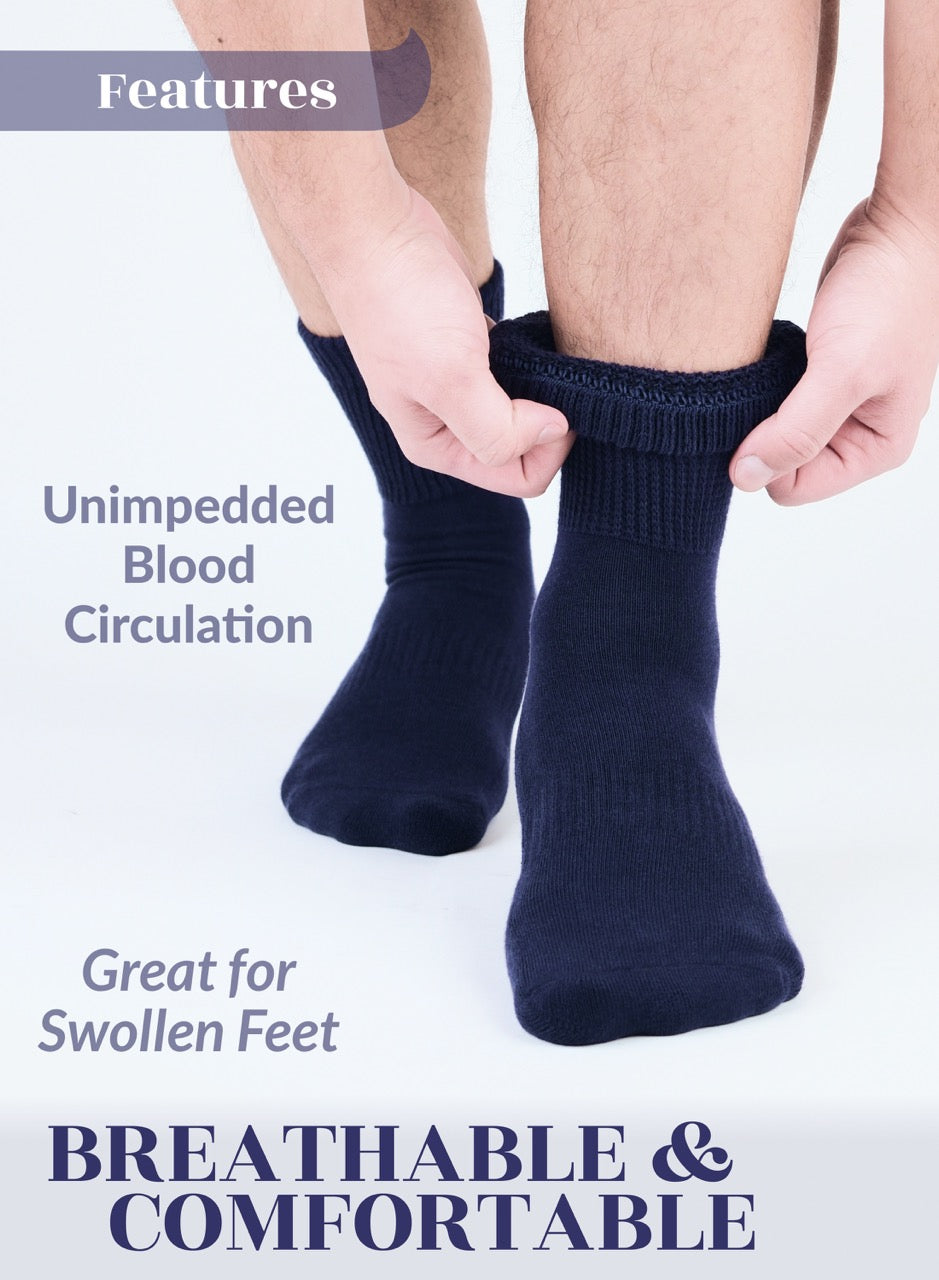 Person wearing navy blue socks with text highlighting features on a white background