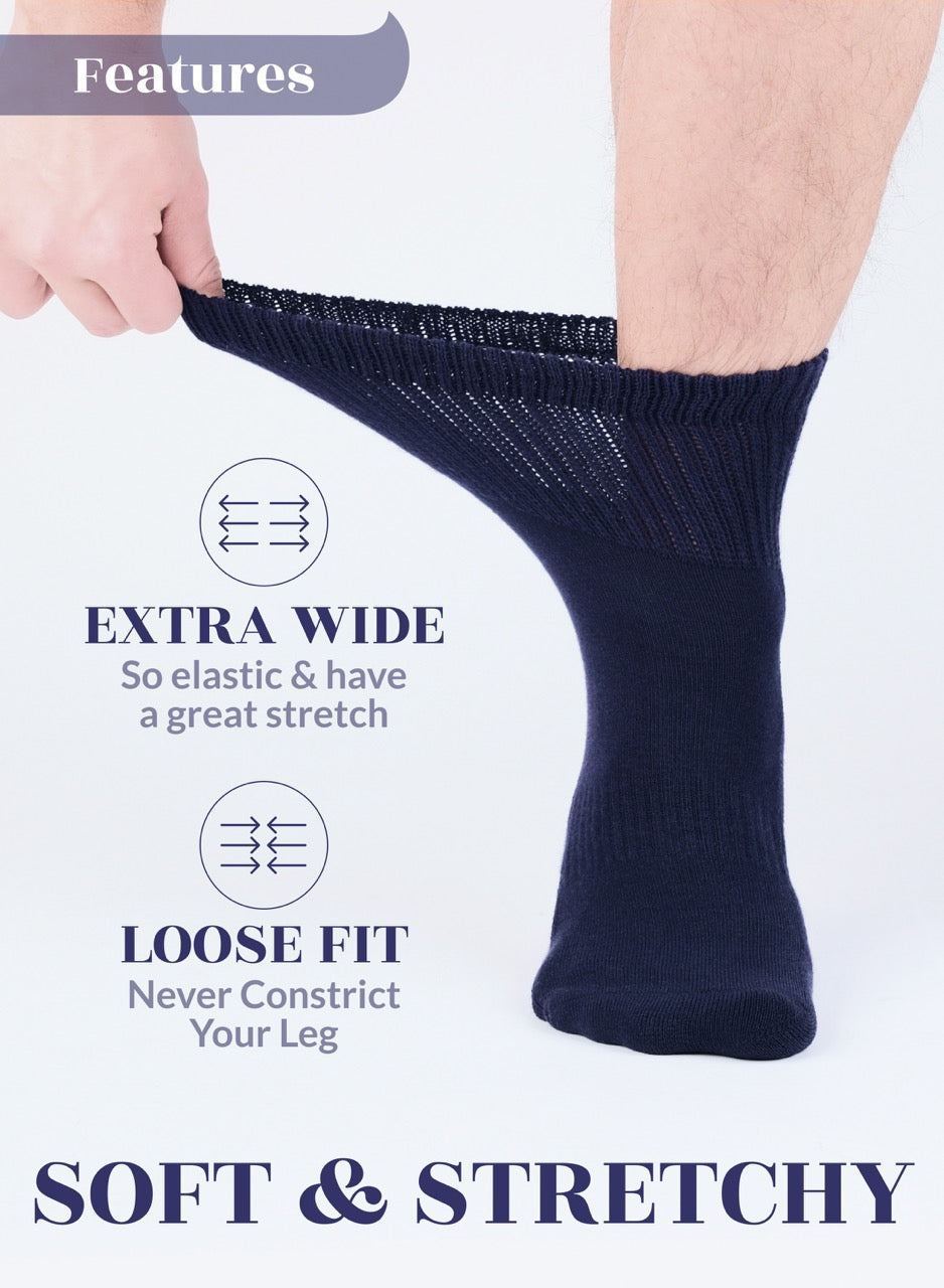 Navy blue sock being worn with text highlighting features on a white background