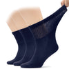 Navy blue socks being worn on a white background