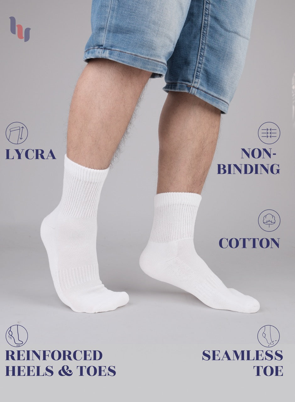 White socks worn with denim shorts on a gray background, featuring text about sock features.