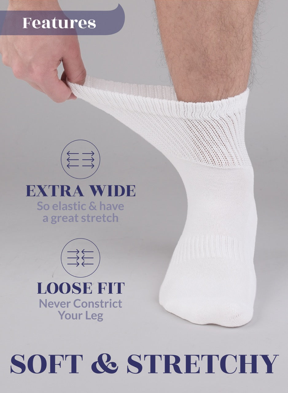 White sock being worn with text highlighting features on a gray background