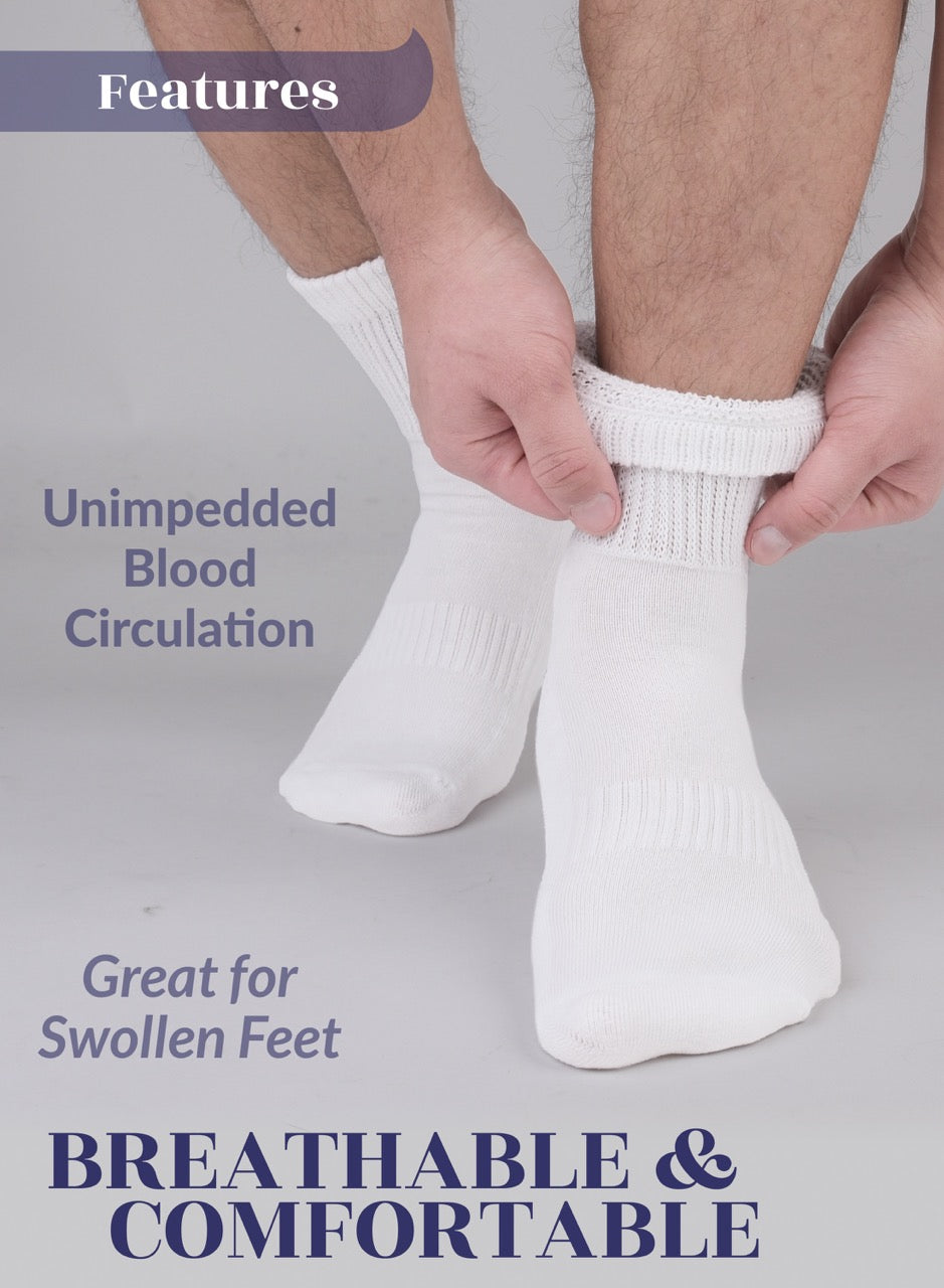 Person putting on white socks with text highlighting features like unimpeded blood circulation and comfort.