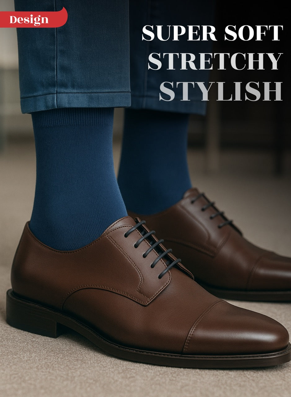 Brown dress shoes with navy blue socks on a neutral background, emphasizing comfort and style.