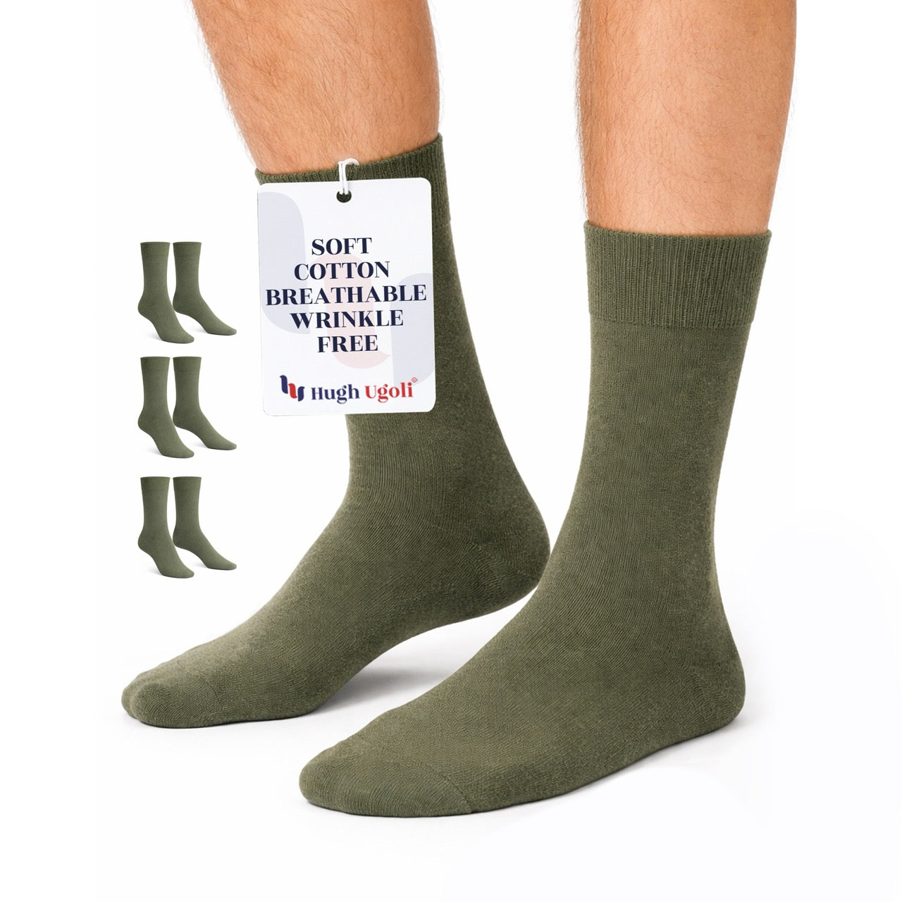 Hugh Ugoli Men's Regenerated Cotton Dress Crew Socks, 3 Pairs in Army Green