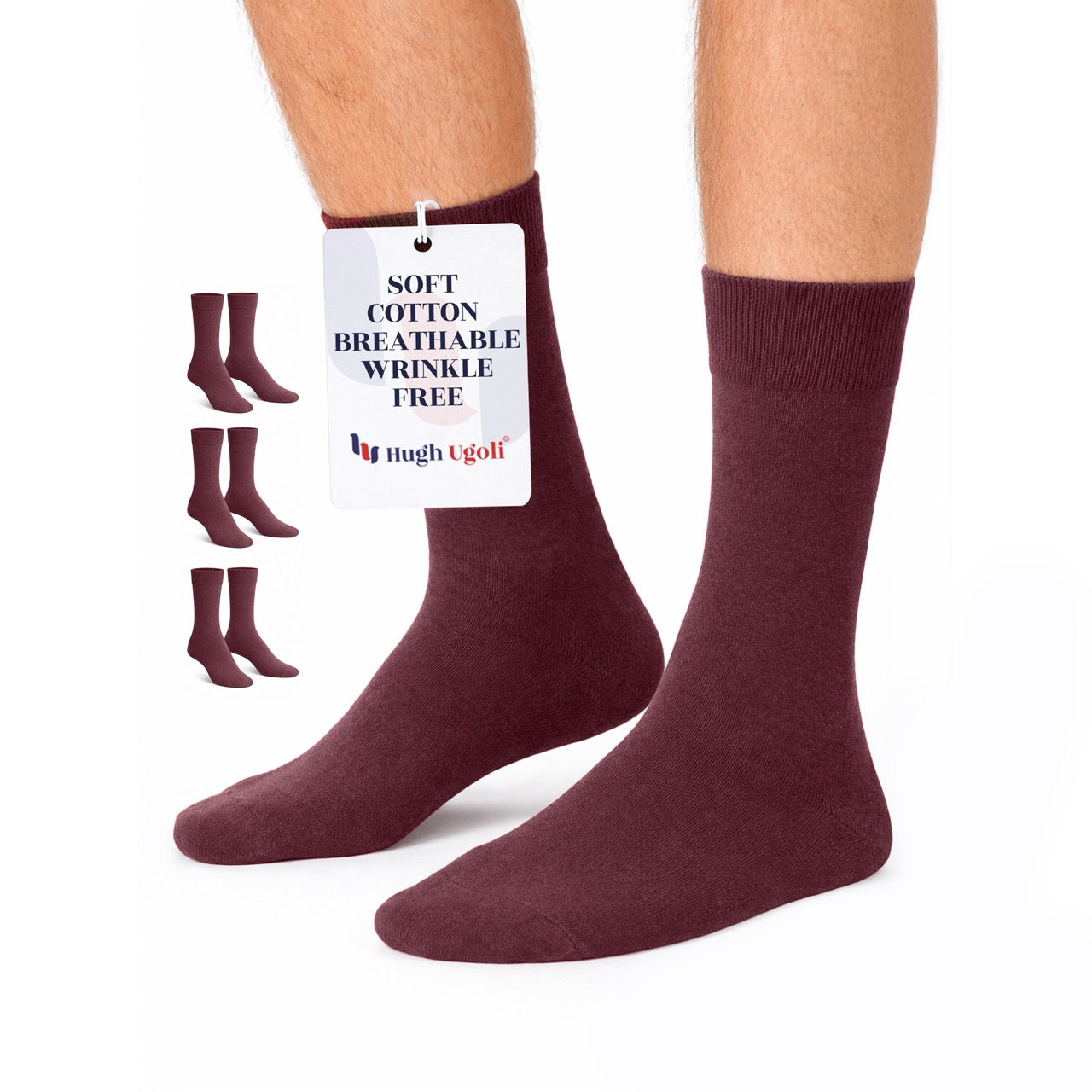 Hugh Ugoli Men's Regenerated Cotton Dress Crew Socks, 3 Pairs in Burgundy