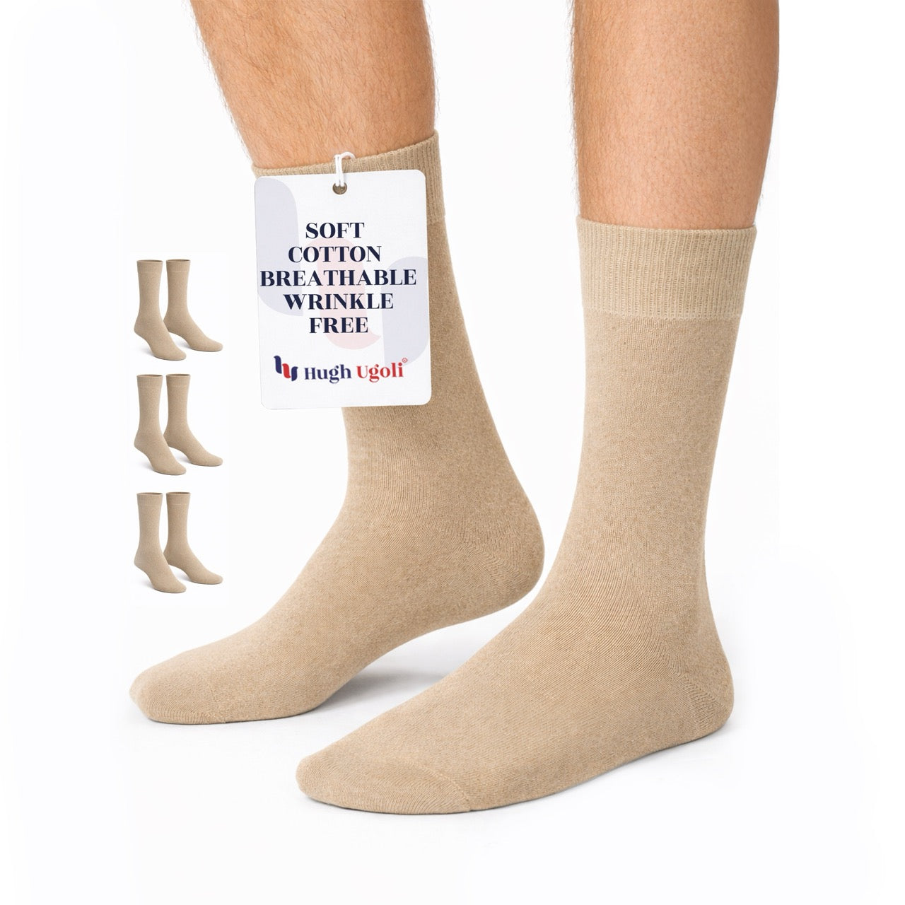 Hugh Ugoli Men's Regenerated Cotton Dress Crew Socks, 3 Pairs in Dark Beige