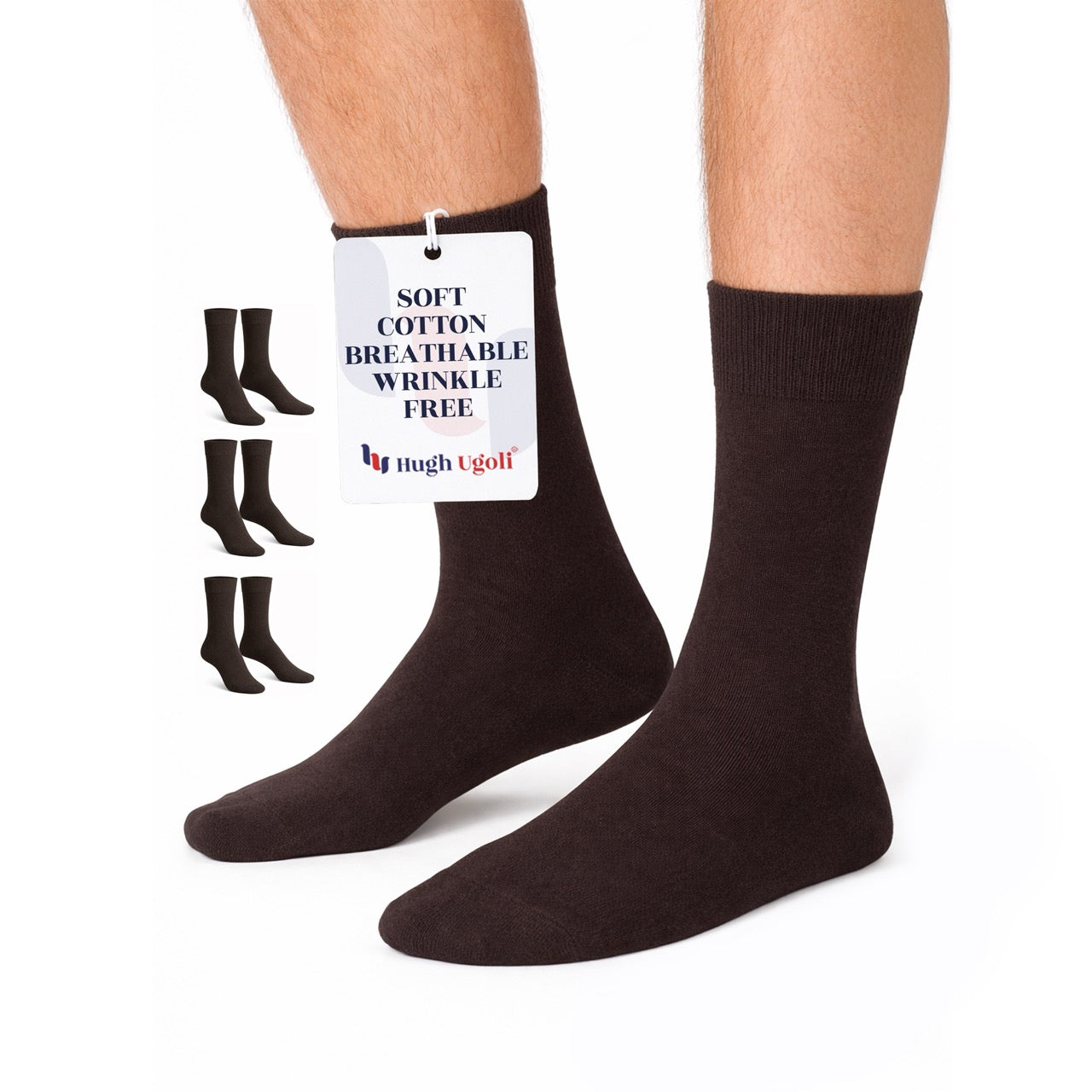 Hugh Ugoli Men's Regenerated Cotton Dress Crew Socks, 3 Pairs in Dark Brown