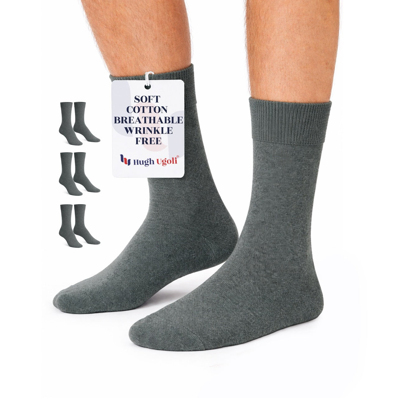 Hugh Ugoli Men's Regenerated Cotton Dress Crew Socks, 3 Pairs in Dark Gray
