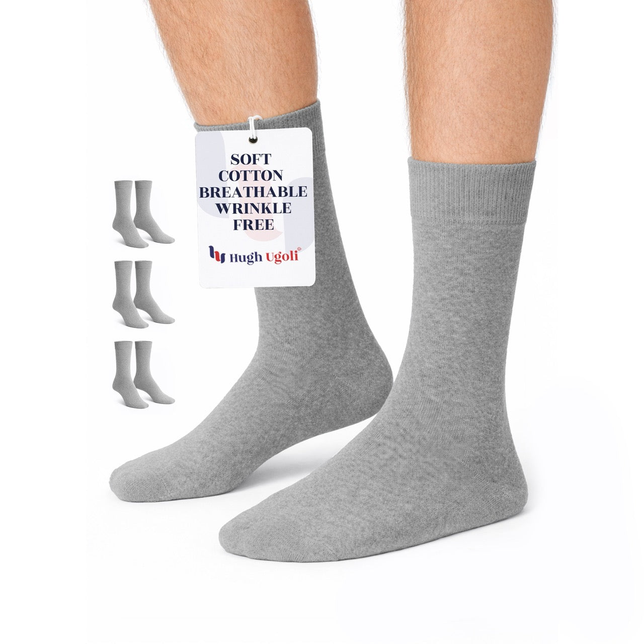 Hugh Ugoli Men's Regenerated Cotton Dress Crew Socks, 3 Pairs in Gray