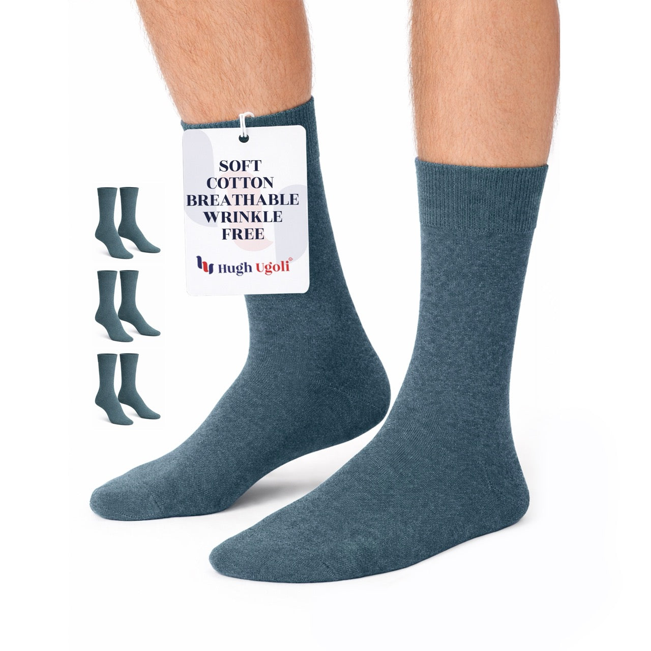 Hugh Ugoli Men's Regenerated Cotton Dress Crew Socks, 3 Pairs in Indigo
