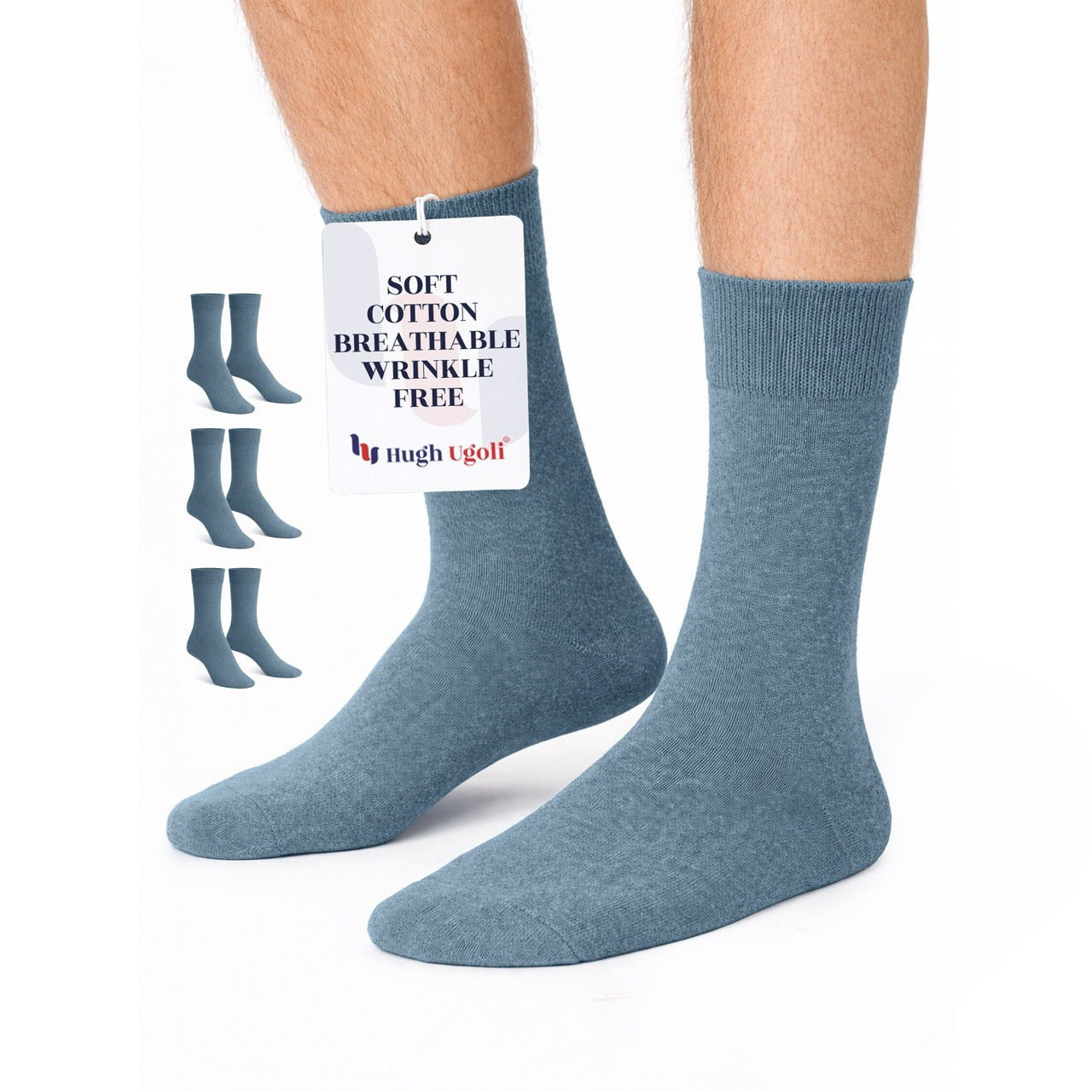 Hugh Ugoli Men's Regenerated Cotton Dress Crew Socks, 3 Pairs in Jeans Blue