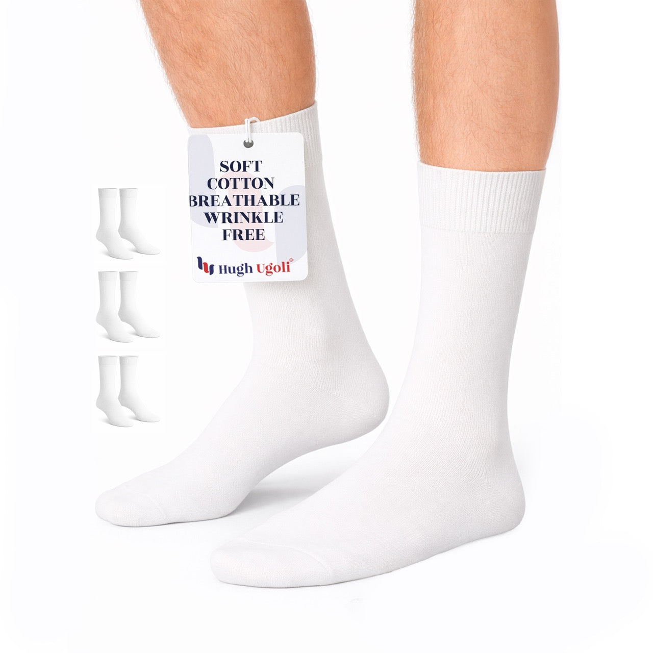 Hugh Ugoli Men's Regenerated Cotton Dress Crew Socks, 3 Pairs in White
