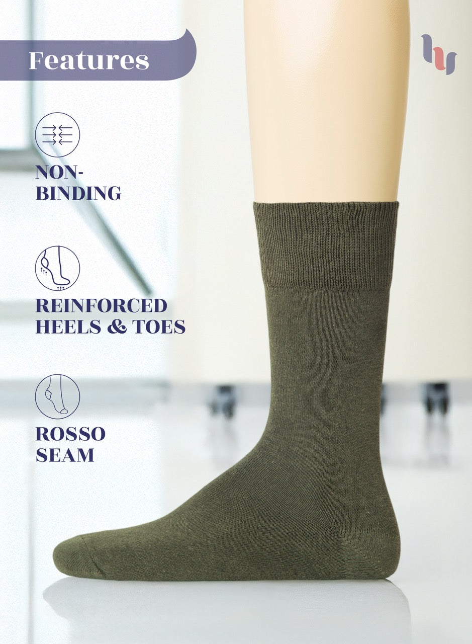 Army Green sock on a white background with features listed.