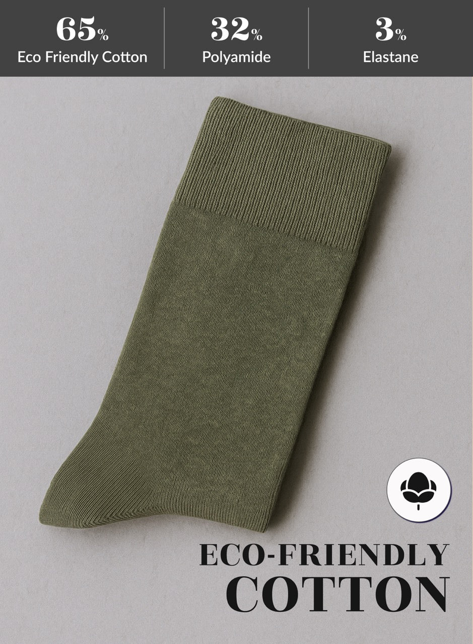 Army Green sock on a light gray background with eco-friendly cotton label